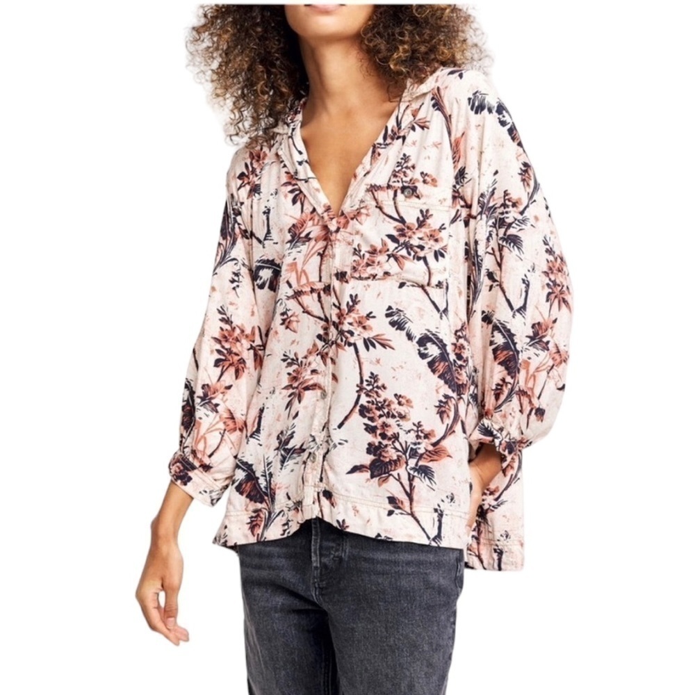 Free People - Oversized Floral Button Down Floral Boho Blouse Sz S